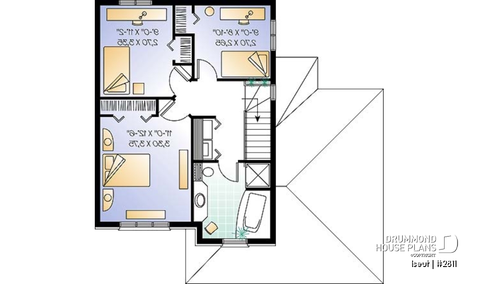 2nd level - Two-storey European style affordable house plan, 3 bedrooms, 1.5 bathrooms, garage, open floor plan - Iseut