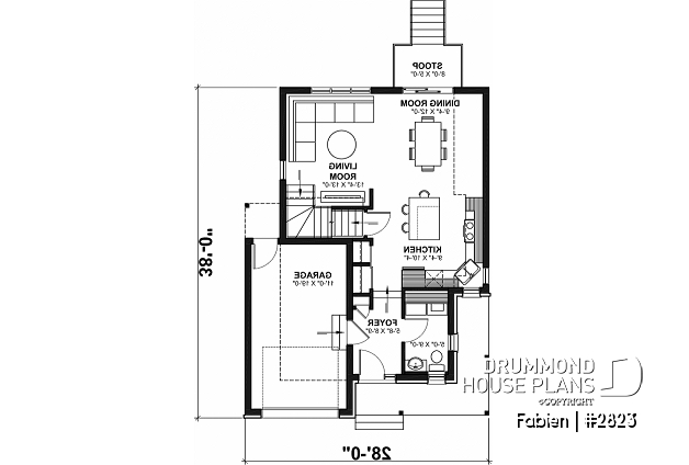 1st level - 3 bedroom economical 2-story house plan with garage, narrow lot, large kitchen, laundry on main floor - Fabien