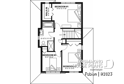 2nd level - 3 bedroom economical 2-story house plan with garage, narrow lot, large kitchen, laundry on main floor - Fabien
