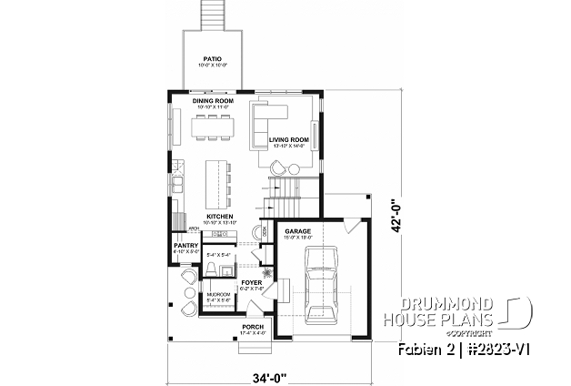 1st level - Small 2-Story Modern Craftsman with 3 bedrooms, 1.5 baths, open floor plan, kitchen with pantry - Fabien 2