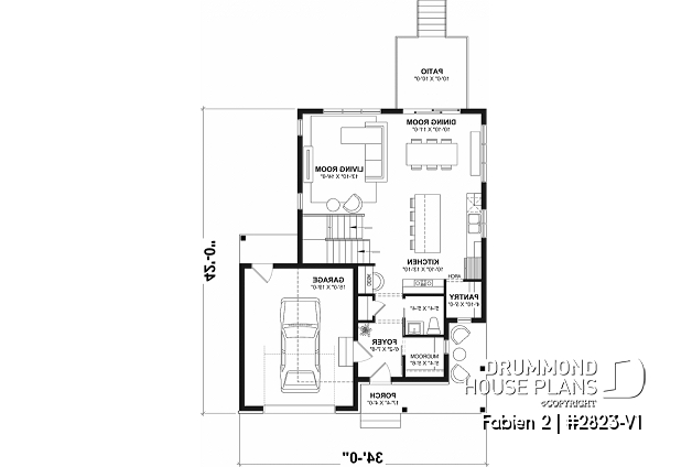 1st level - Small 2-Story Modern Craftsman with 3 bedrooms, 1.5 baths, open floor plan, kitchen with pantry - Fabien 2