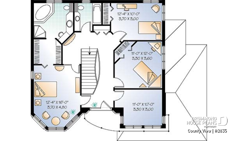 2nd level - European style home plan with 3 to 4 bedrooms, formal living / dining, family room - County View