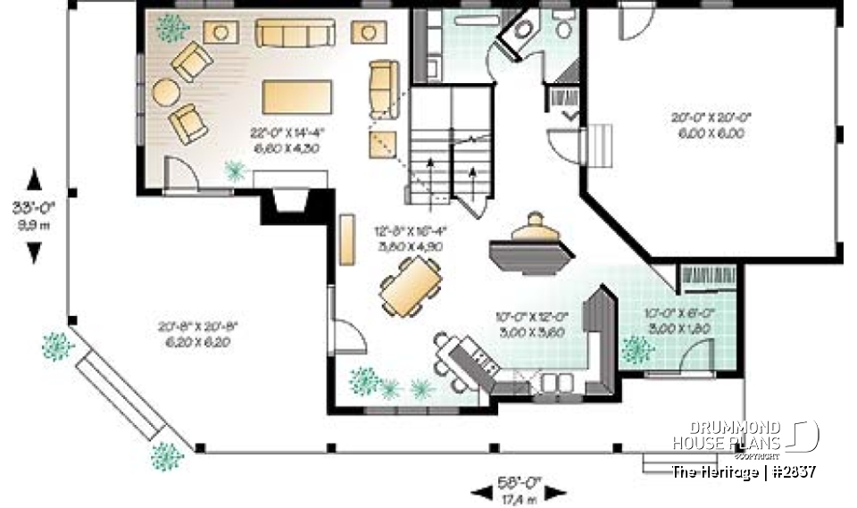 1st level - Lakefront beautiful country house plan, 3 to bedrooms, master suite with fireplace &amp; terrace, wraparound porch - The Heritage