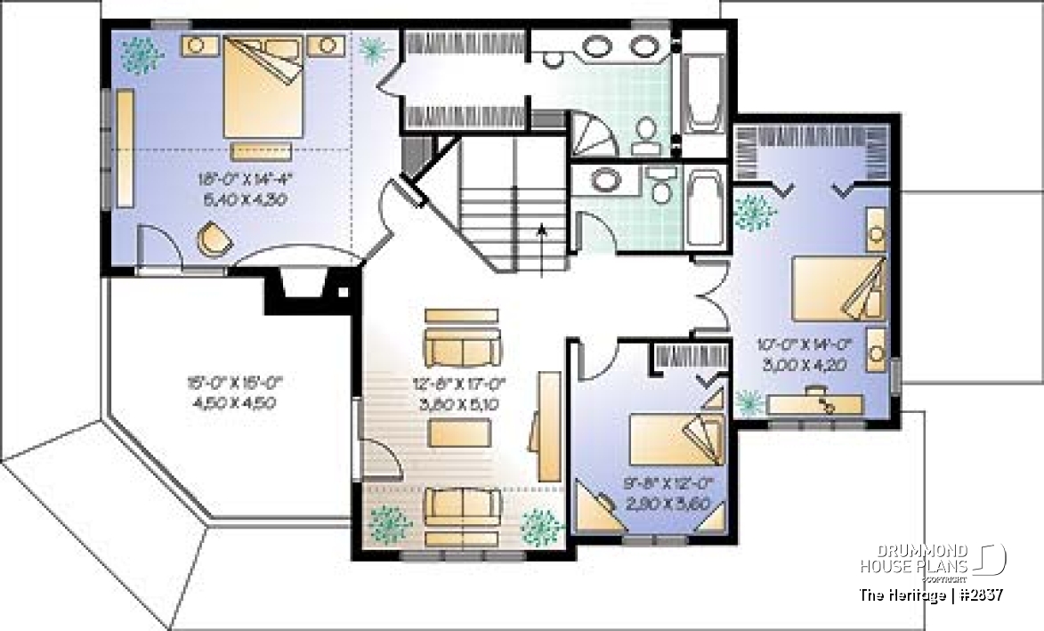 2nd level - Lakefront beautiful country house plan, 3 to bedrooms, master suite with fireplace &amp; terrace, wraparound porch - The Heritage