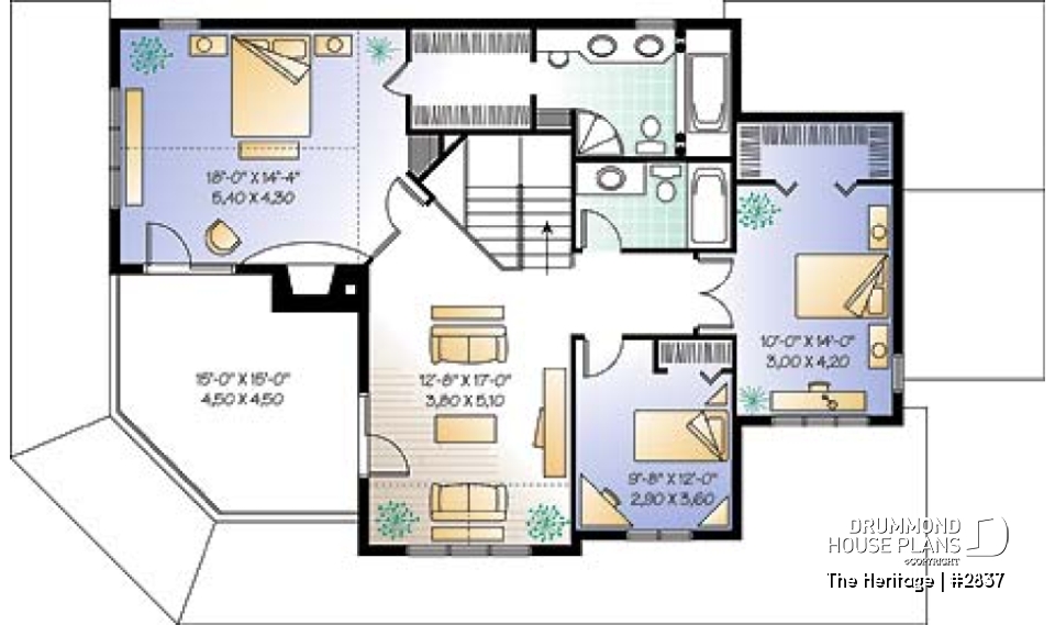 2nd level - Lakefront beautiful country house plan, 3 to bedrooms, master suite with fireplace &amp; terrace, wraparound porch - The Heritage
