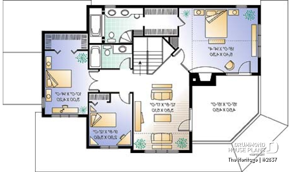 2nd level - Lakefront beautiful country house plan, 3 to bedrooms, master suite with fireplace &amp; terrace, wraparound porch - The Heritage