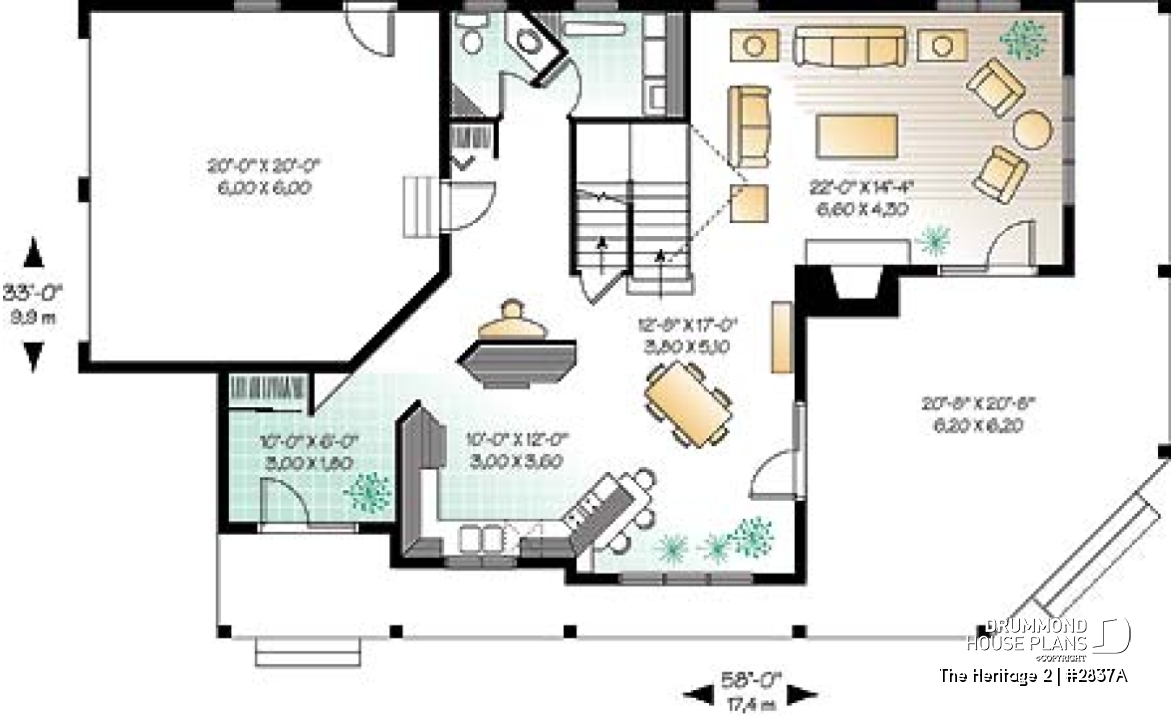 1st level - Lakefront country cottage home plan with wraparound covered porch, 3 to 4 bedrooms, lateral 2-car garage - The Heritage 2