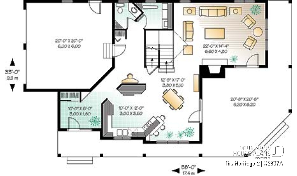 1st level - Lakefront country cottage home plan with wraparound covered porch, 3 to 4 bedrooms, lateral 2-car garage - The Heritage 2