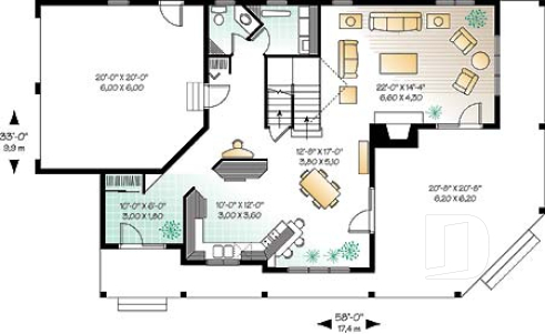 1st level - Lakefront country cottage home plan with wraparound covered porch, 3 to 4 bedrooms, lateral 2-car garage - The Heritage 2