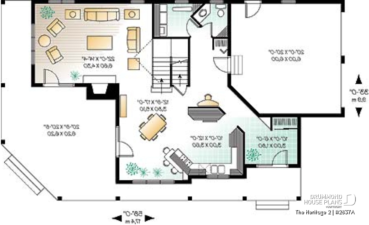 1st level - Lakefront country cottage home plan with wraparound covered porch, 3 to 4 bedrooms, lateral 2-car garage - The Heritage 2