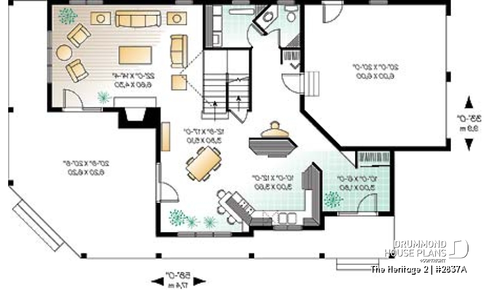 1st level - Lakefront country cottage home plan with wraparound covered porch, 3 to 4 bedrooms, lateral 2-car garage - The Heritage 2