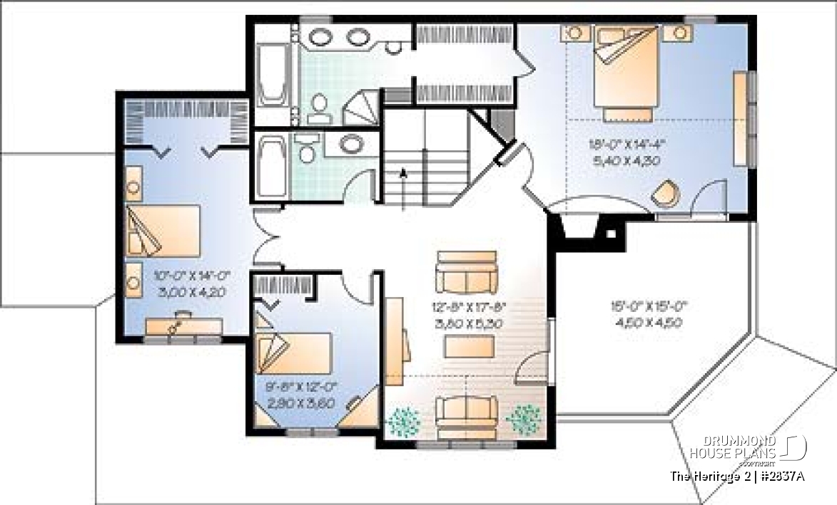 2nd level - Lakefront country cottage home plan with wraparound covered porch, 3 to 4 bedrooms, lateral 2-car garage - The Heritage 2