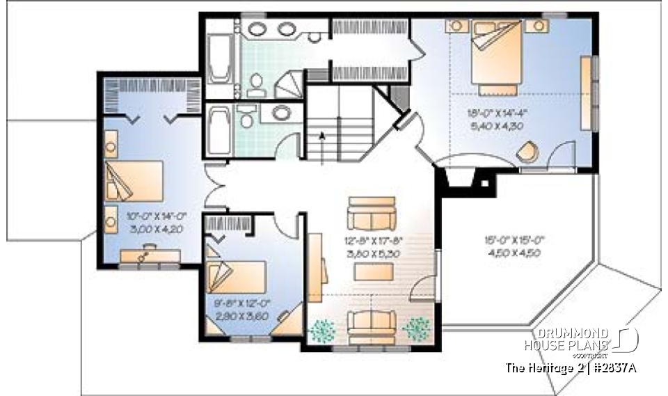 2nd level - Lakefront country cottage home plan with wraparound covered porch, 3 to 4 bedrooms, lateral 2-car garage - The Heritage 2