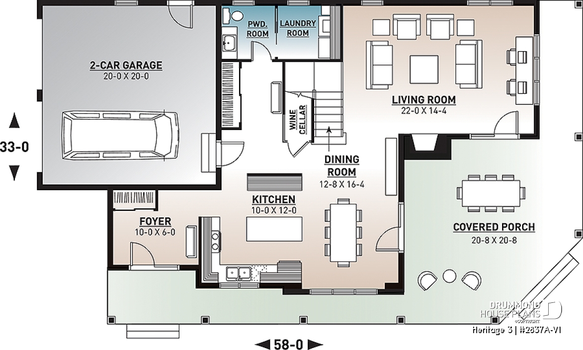 1st level - Country Cottage home plan, wraparound porch, 3 to 4 bedrooms, large master suite, lakefront home - Heritage 3