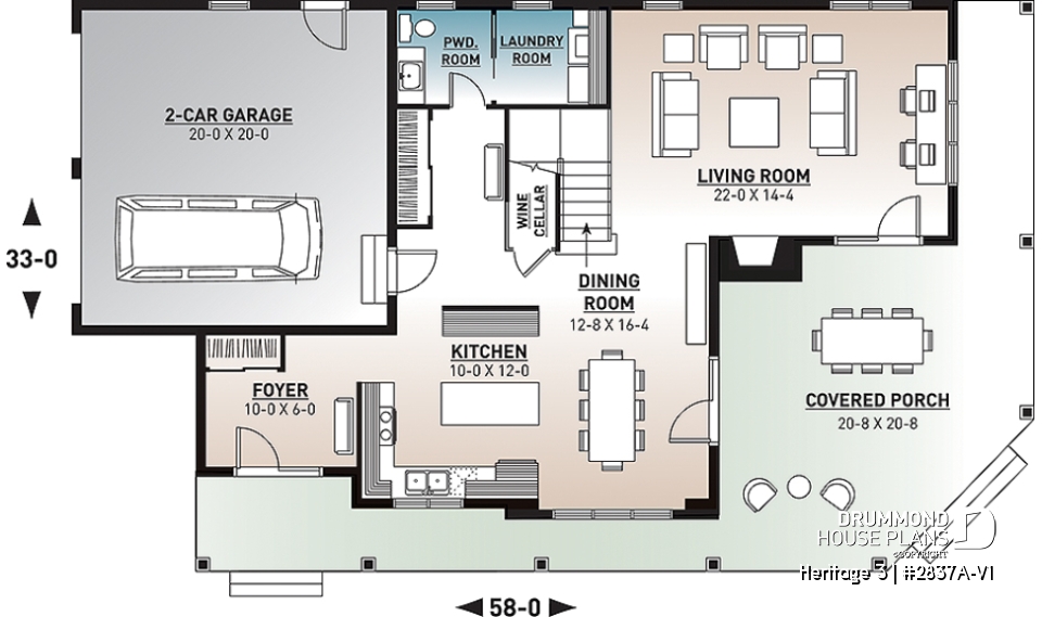 1st level - Country Cottage home plan, wraparound porch, 3 to 4 bedrooms, large master suite, lakefront home - Heritage 3