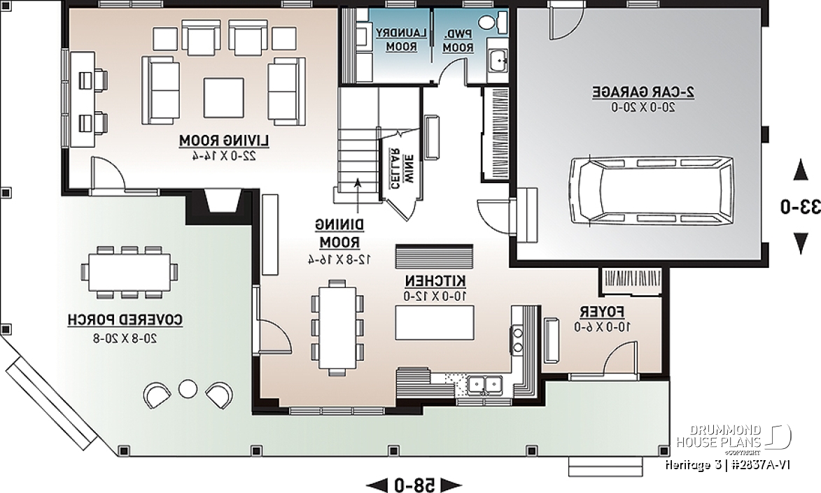 1st level - Country Cottage home plan, wraparound porch, 3 to 4 bedrooms, large master suite, lakefront home - Heritage 3
