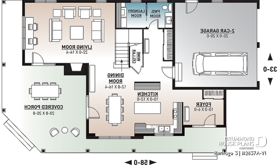 1st level - Country Cottage home plan, wraparound porch, 3 to 4 bedrooms, large master suite, lakefront home - Heritage 3