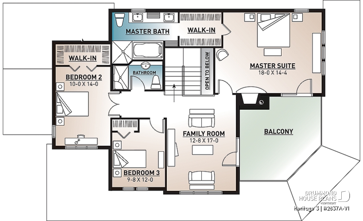2nd level - Country Cottage home plan, wraparound porch, 3 to 4 bedrooms, large master suite, lakefront home - Heritage 3