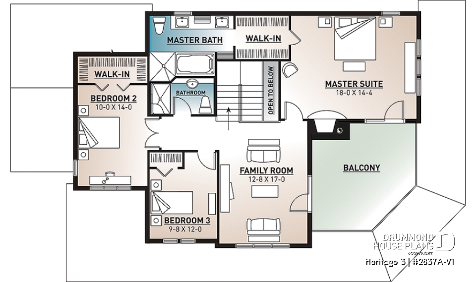2nd level - Country Cottage home plan, wraparound porch, 3 to 4 bedrooms, large master suite, lakefront home - Heritage 3