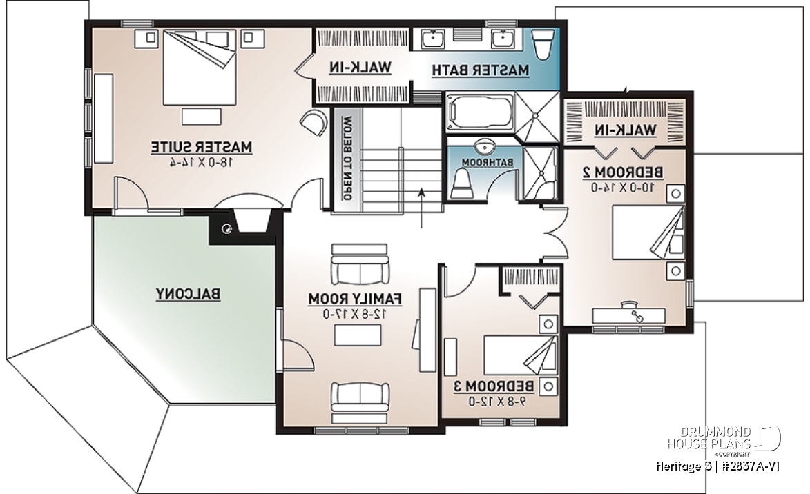 2nd level - Country Cottage home plan, wraparound porch, 3 to 4 bedrooms, large master suite, lakefront home - Heritage 3