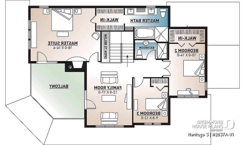 2nd level - Country Cottage home plan, wraparound porch, 3 to 4 bedrooms, large master suite, lakefront home - Heritage 3