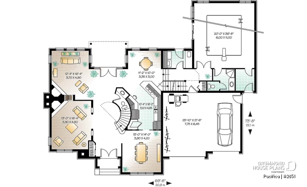 1st level - Large 4 bedroom house plans with indoor pool, 2-car garage with bonus space above, fireplaces, pantry - Pacifica