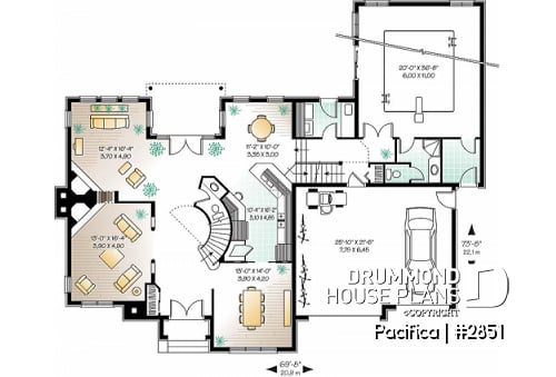 1st level - Large 4 bedroom house plans with indoor pool, 2-car garage with bonus space above, fireplaces, pantry - Pacifica