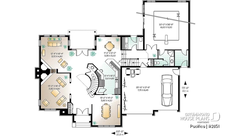 1st level - Large 4 bedroom house plans with indoor pool, 2-car garage with bonus space above, fireplaces, pantry - Pacifica