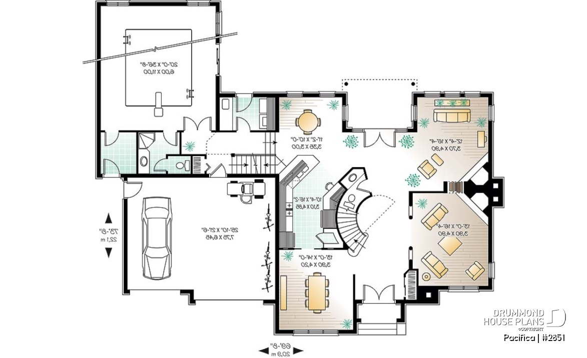 1st level - Large 4 bedroom house plans with indoor pool, 2-car garage with bonus space above, fireplaces, pantry - Pacifica