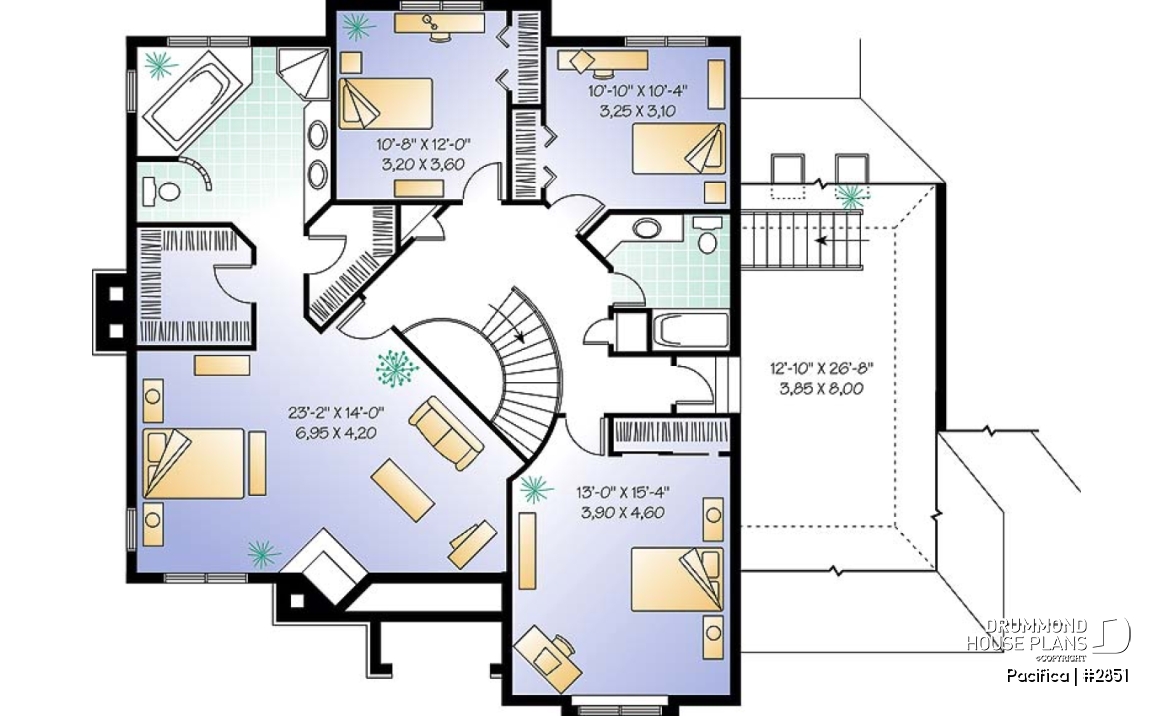 2nd level - Large 4 bedroom house plans with indoor pool, 2-car garage with bonus space above, fireplaces, pantry - Pacifica