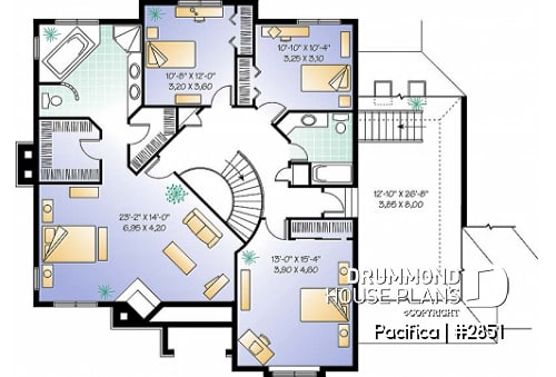 2nd level - Large 4 bedroom house plans with indoor pool, 2-car garage with bonus space above, fireplaces, pantry - Pacifica