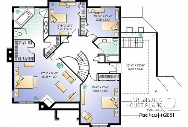 2nd level - Large 4 bedroom house plans with indoor pool, 2-car garage with bonus space above, fireplaces, pantry - Pacifica