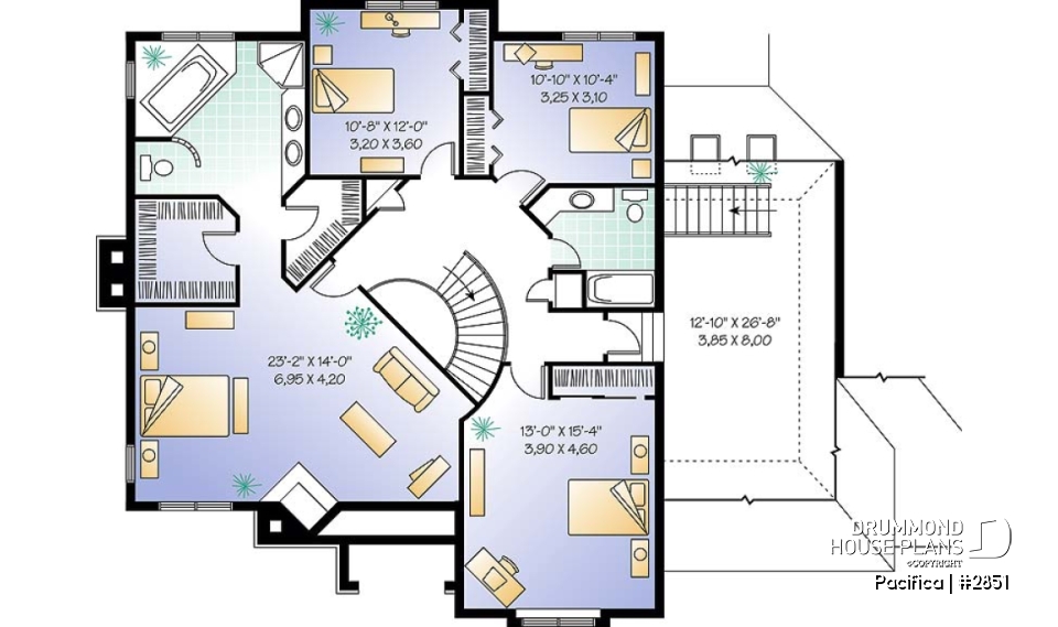 2nd level - Large 4 bedroom house plans with indoor pool, 2-car garage with bonus space above, fireplaces, pantry - Pacifica