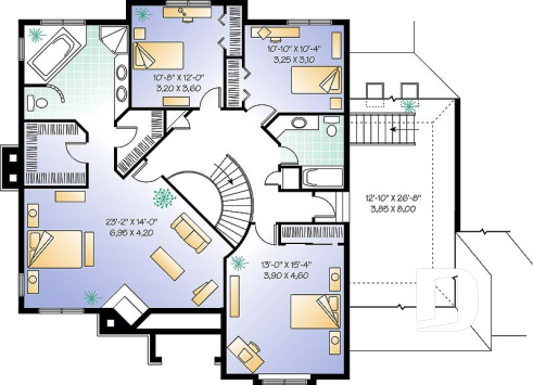 2nd level - Large 4 bedroom house plans with indoor pool, 2-car garage with bonus space above, fireplaces, pantry - Pacifica