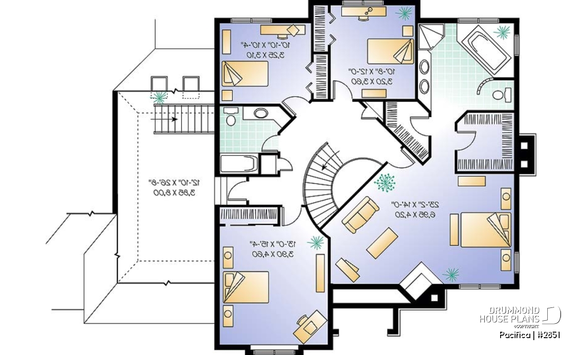 2nd level - Large 4 bedroom house plans with indoor pool, 2-car garage with bonus space above, fireplaces, pantry - Pacifica
