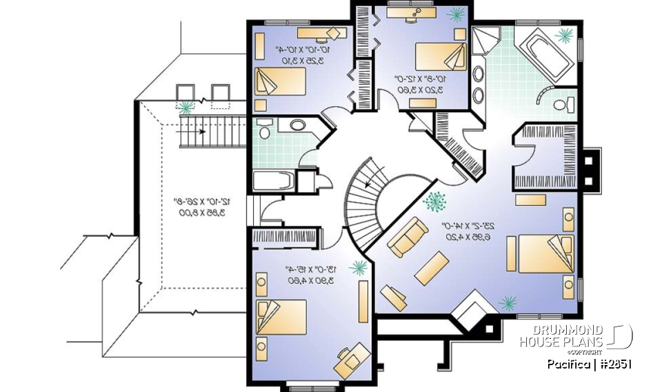 2nd level - Large 4 bedroom house plans with indoor pool, 2-car garage with bonus space above, fireplaces, pantry - Pacifica