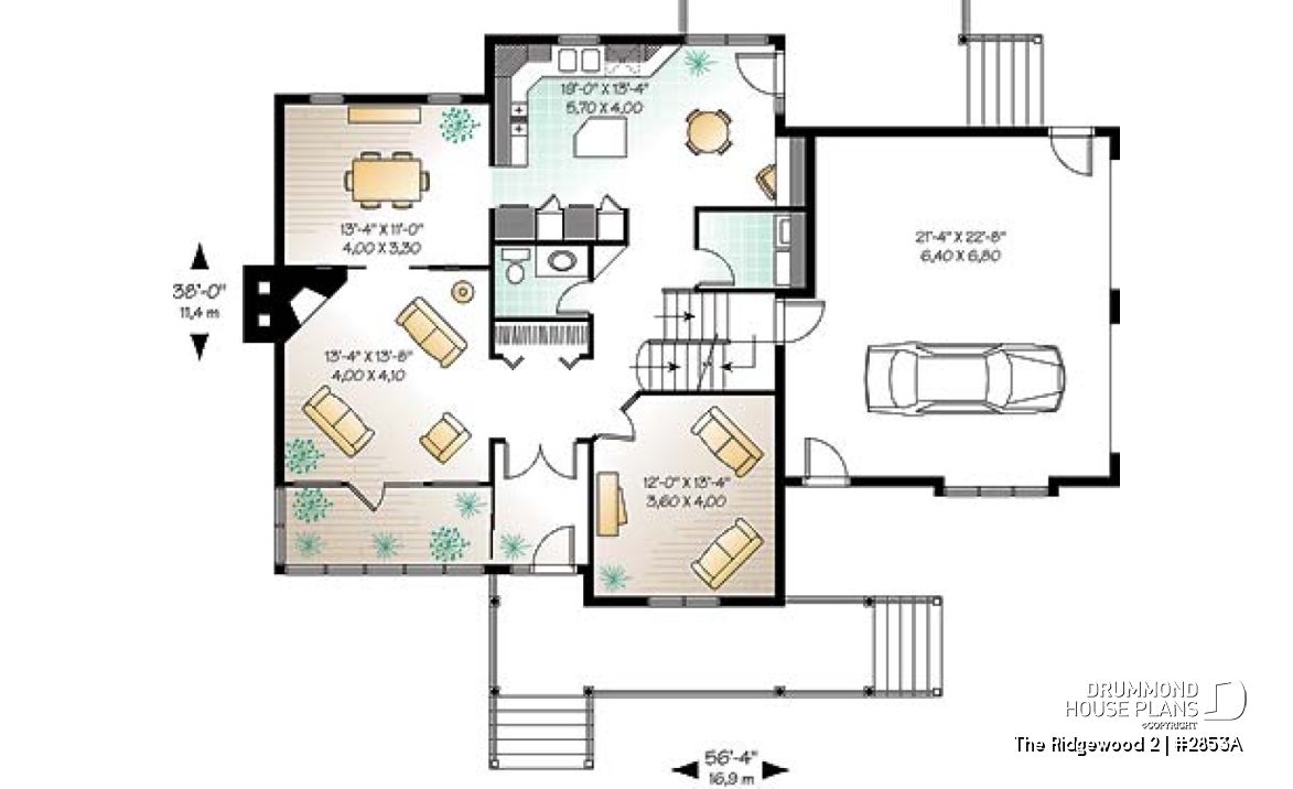 1st level - 2 storey Farmhouse house plan, sunroom, 2-car garage, 3 to 4 beds, home office, large bonus space - The Ridgewood 2