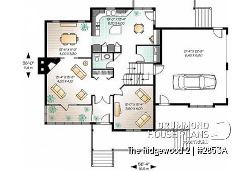1st level - 2 storey Farmhouse house plan, sunroom, 2-car garage, 3 to 4 beds, home office, large bonus space - The Ridgewood 2