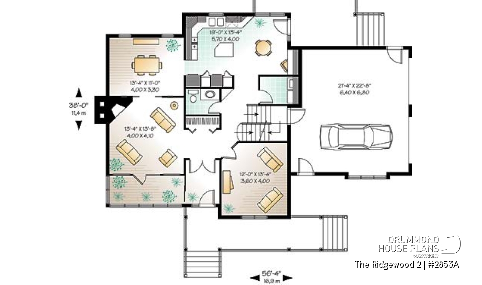 1st level - 2 storey Farmhouse house plan, sunroom, 2-car garage, 3 to 4 beds, home office, large bonus space - The Ridgewood 2