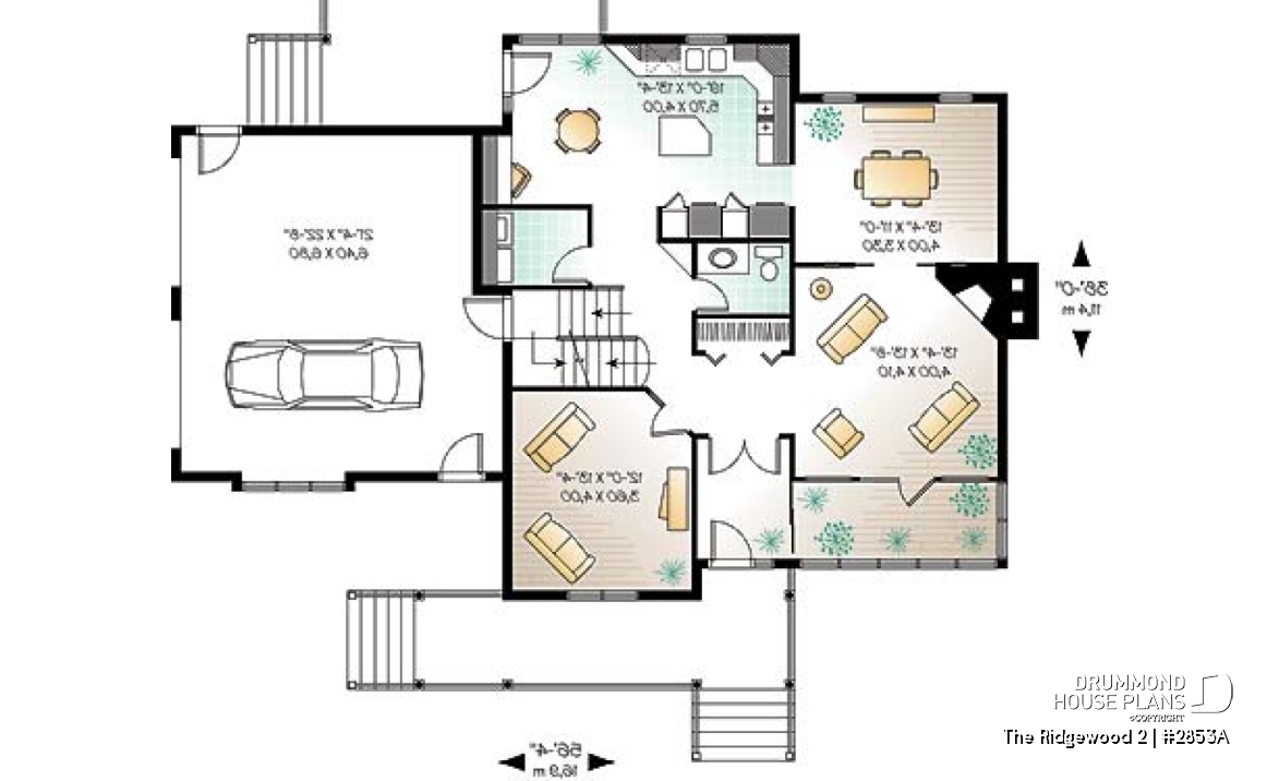 1st level - 2 storey Farmhouse house plan, sunroom, 2-car garage, 3 to 4 beds, home office, large bonus space - The Ridgewood 2