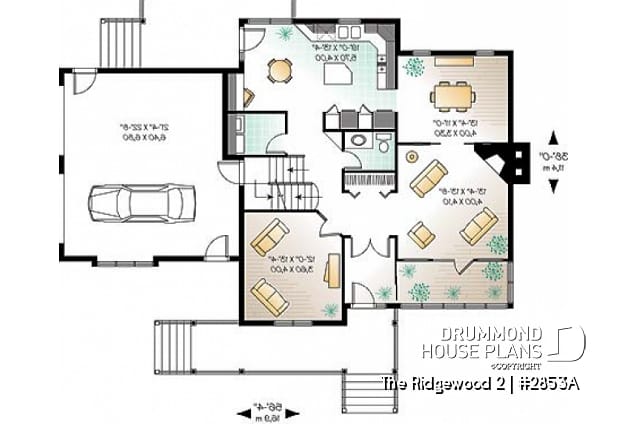 1st level - 2 storey Farmhouse house plan, sunroom, 2-car garage, 3 to 4 beds, home office, large bonus space - The Ridgewood 2