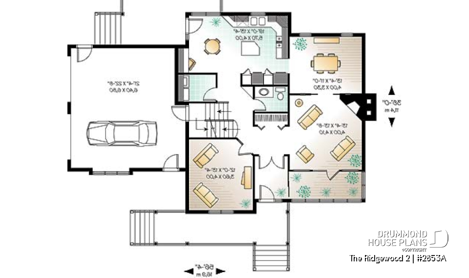 1st level - 2 storey Farmhouse house plan, sunroom, 2-car garage, 3 to 4 beds, home office, large bonus space - The Ridgewood 2