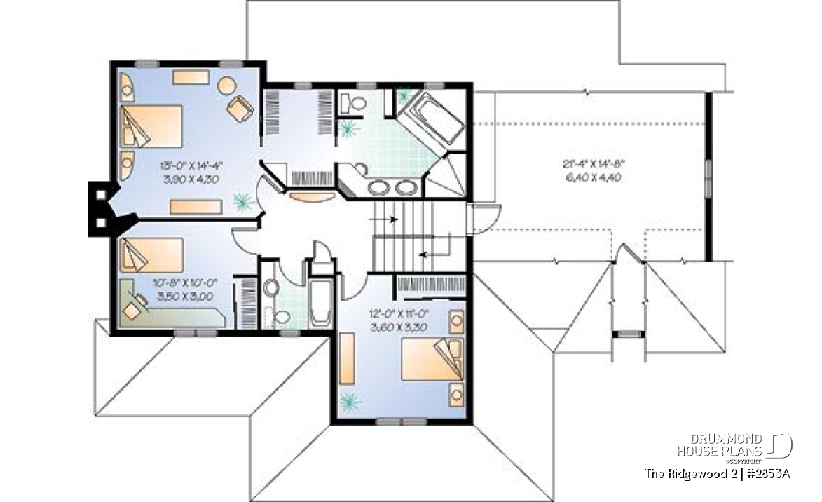 2nd level - 2 storey Farmhouse house plan, sunroom, 2-car garage, 3 to 4 beds, home office, large bonus space - The Ridgewood 2