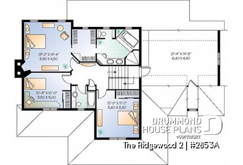 2nd level - 2 storey Farmhouse house plan, sunroom, 2-car garage, 3 to 4 beds, home office, large bonus space - The Ridgewood 2