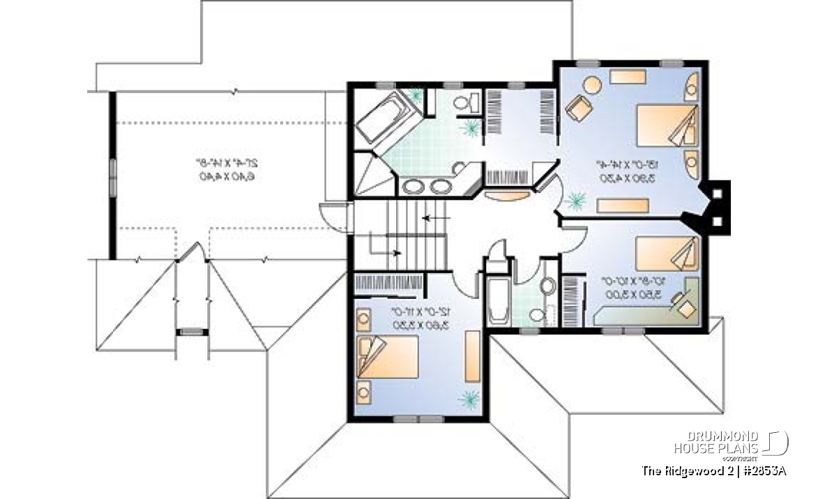 2nd level - 2 storey Farmhouse house plan, sunroom, 2-car garage, 3 to 4 beds, home office, large bonus space - The Ridgewood 2