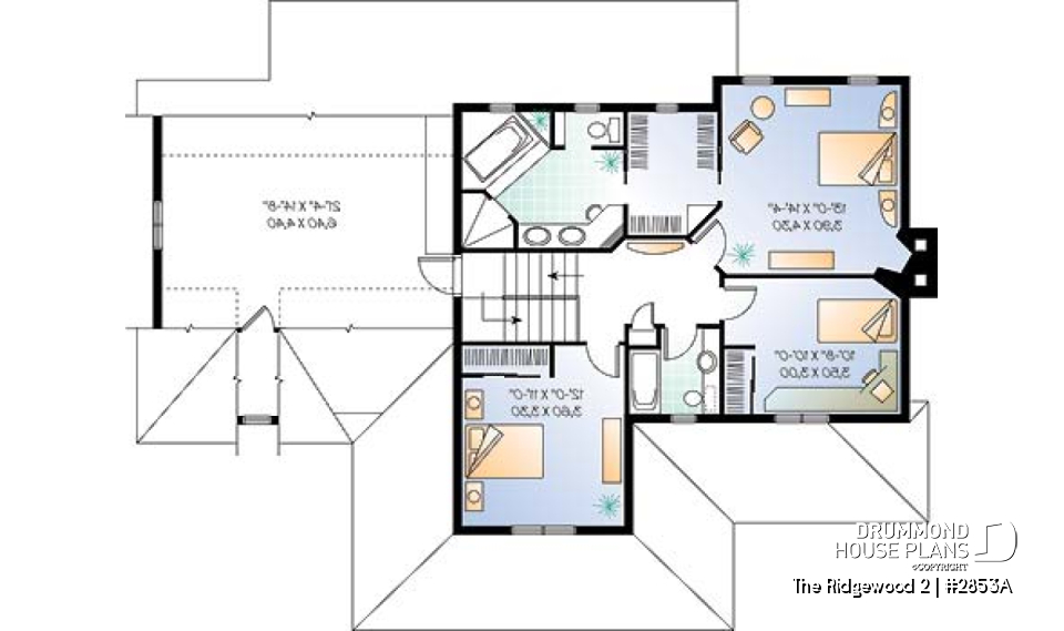 2nd level - 2 storey Farmhouse house plan, sunroom, 2-car garage, 3 to 4 beds, home office, large bonus space - The Ridgewood 2