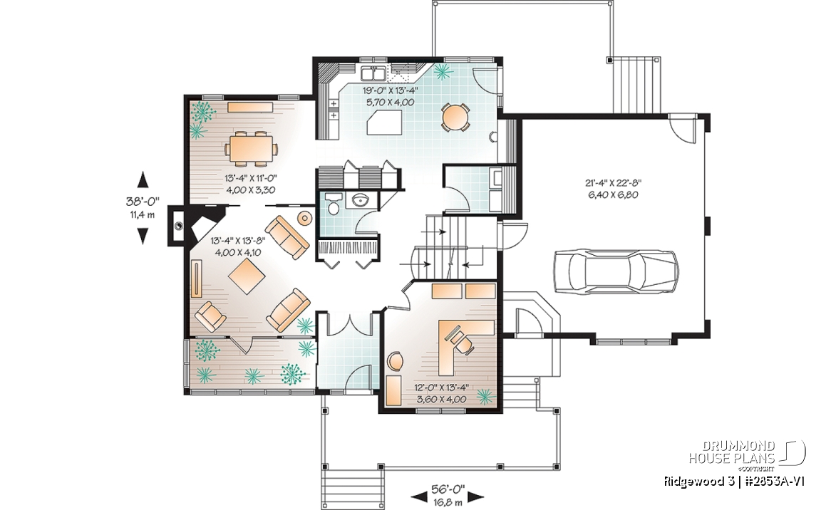 1st level - Craftsman house plan, 3 to 4 bedrooms, home office, solarium, side entry 2-car garage, fireplace - Ridgewood 3
