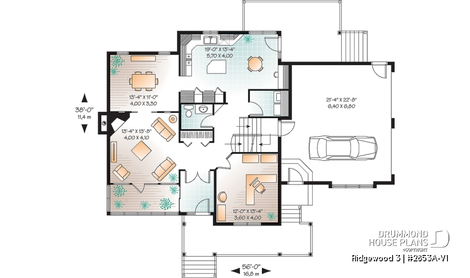 1st level - Craftsman house plan, 3 to 4 bedrooms, home office, solarium, side entry 2-car garage, fireplace - Ridgewood 3