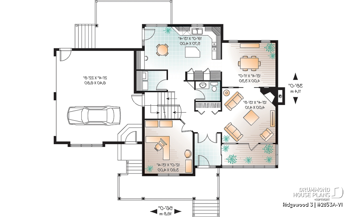 1st level - Craftsman house plan, 3 to 4 bedrooms, home office, solarium, side entry 2-car garage, fireplace - Ridgewood 3