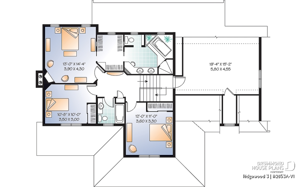 2nd level - Craftsman house plan, 3 to 4 bedrooms, home office, solarium, side entry 2-car garage, fireplace - Ridgewood 3